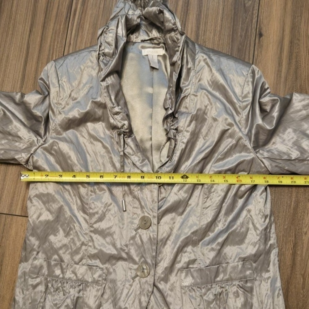 Chicos Metallic Button Front Blazer Ruffle Collar Jacket Size 1 Small - Picture 9 of 11